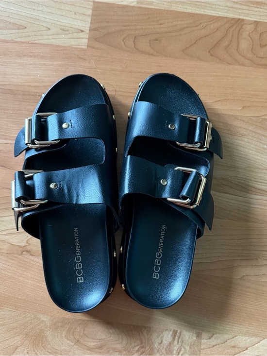 BCBGeneration Shoes - BCBGeneration Double-Buckle Slide Sandals with Gold Hardware , size 7.5
